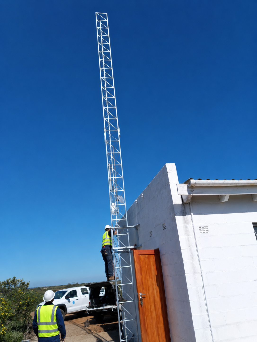 An Omnicon-installed lattice mast against a clear sky.